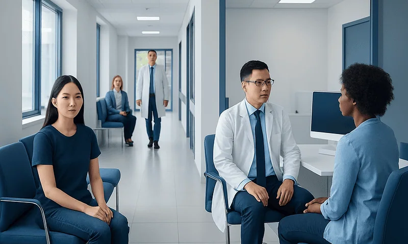 Patients and doctor in a medical consultation at Acibadem Hospital.