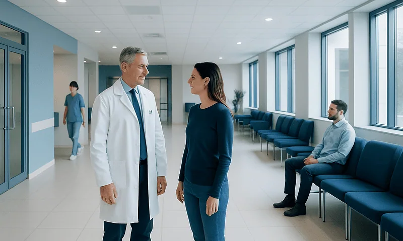 Doctor consulting with a patient in a modern hospital corridor.
