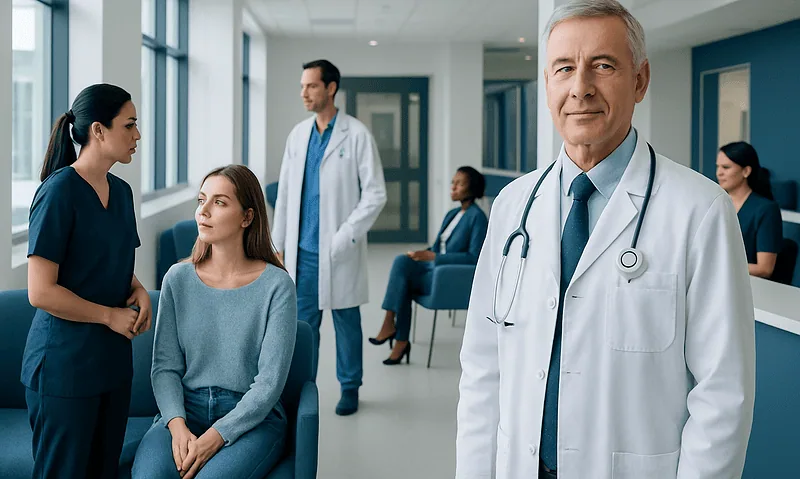 Medical team and patient in a hospital corridor at Acibadem Hospitals Group.
