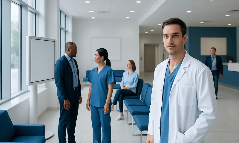 Medical professionals in a hospital waiting area with a doctor in the foreground.