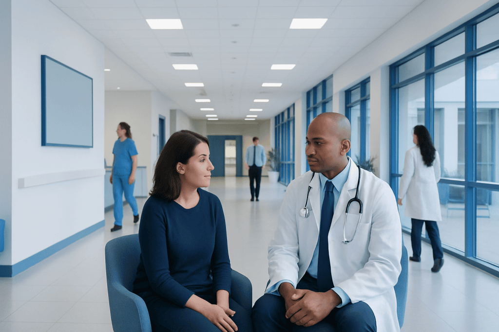 Esophageal Perforation: An Evidence-Based Guide for Patients 1 Doctor consulting with a patient in a modern hospital corridor.