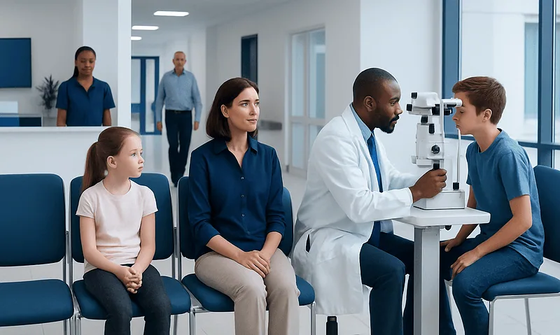 Esotropia Treatment: How It Works, Results and What to Expect 4 Pediatric eye exam at Acibadem Hospital with doctor and children.