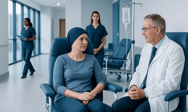 Patient in chemotherapy consultation with doctor in hospital.