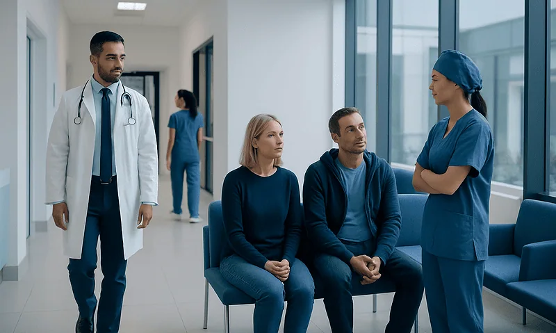 Doctor consulting with patients in a hospital corridor.