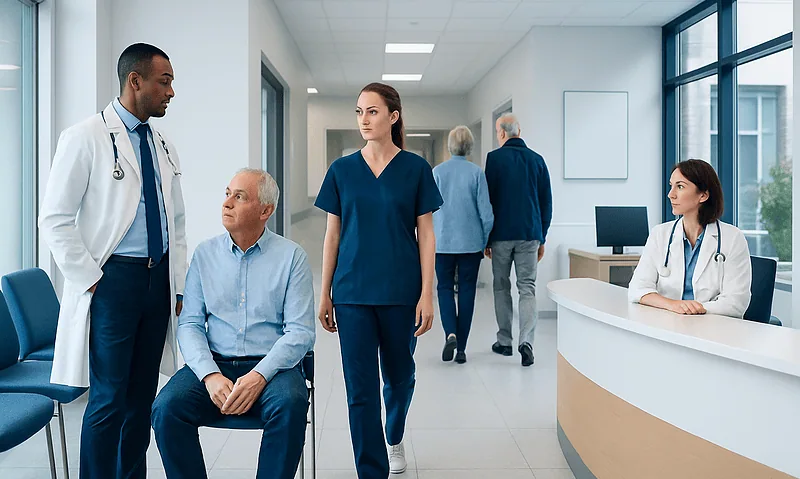 Medical team consulting patient in hospital corridor.