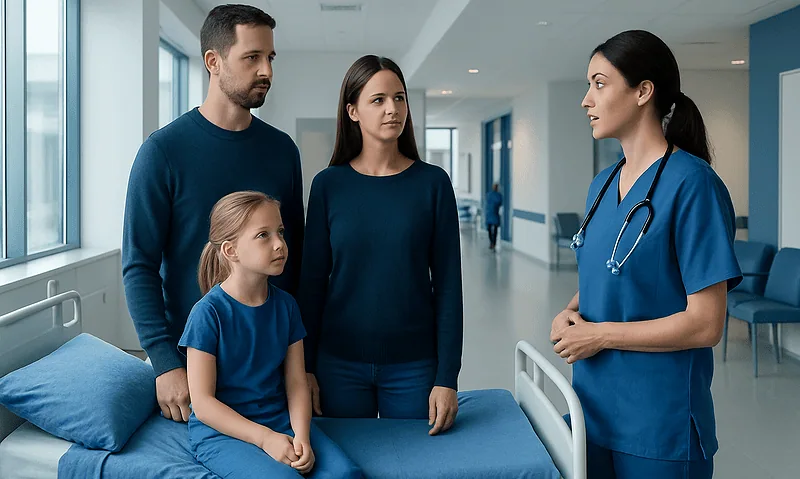 Doctor consulting family in hospital corridor with child patient.