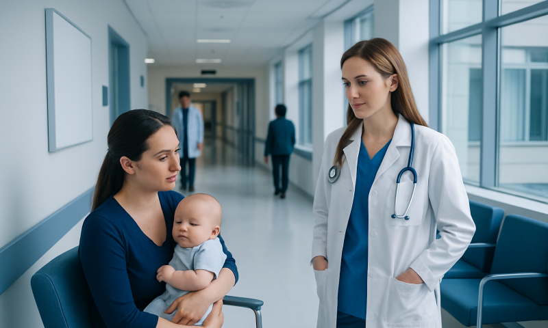 Pediatric patient with mother consulting a doctor in hospital corridor.