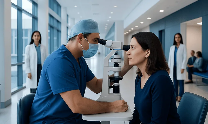 Ophthalmologist examining a patient's eye with a microscope in a modern clinic.