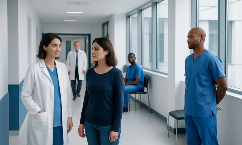Medical team discussing patient care in hospital corridor.