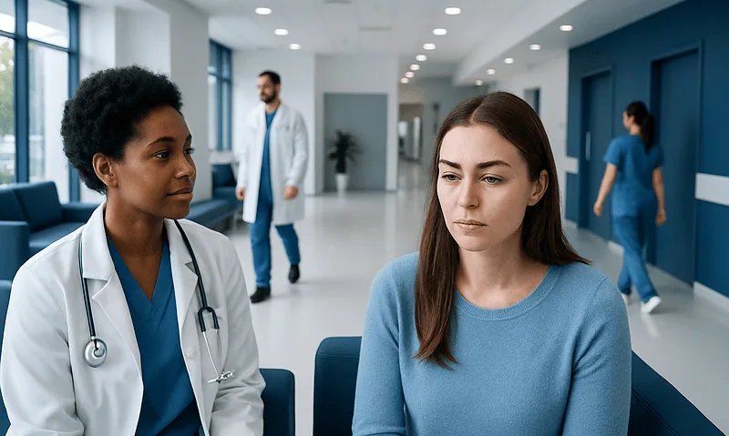 Patient consulting with doctor in hospital corridor.