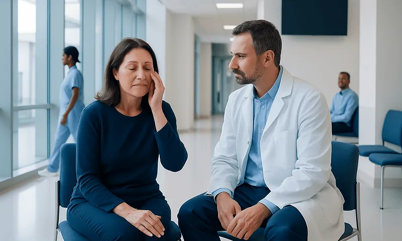 Patient consulting doctor about eyelid cyst removal procedure at Acibadem Hospital.