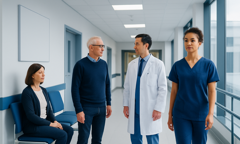 Medical consultation with doctors and patient in hospital corridor.