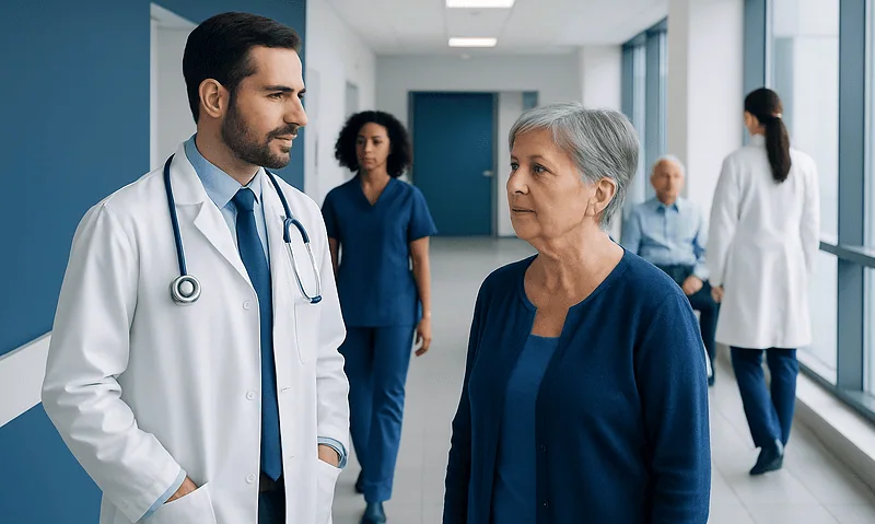 Doctor talking to an elderly woman in a hospital corridor.