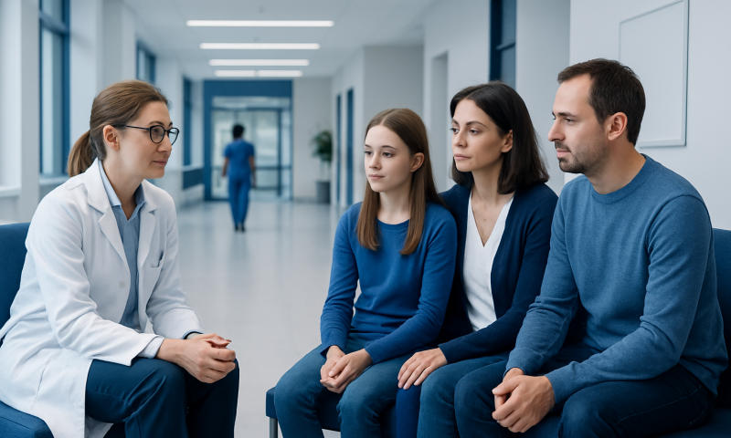 Doctor consulting with family in hospital corridor for family-based treatment.