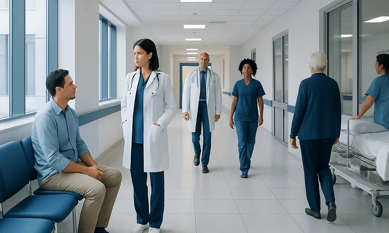 Medical professionals and patients in a hospital corridor.