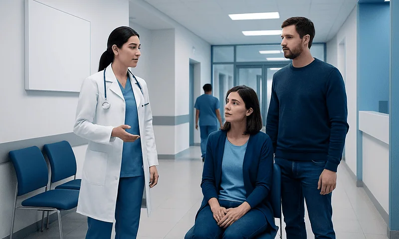 Doctor consulting with patient and companion in hospital corridor.