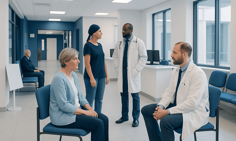 Patients and doctors in a hospital consultation room.