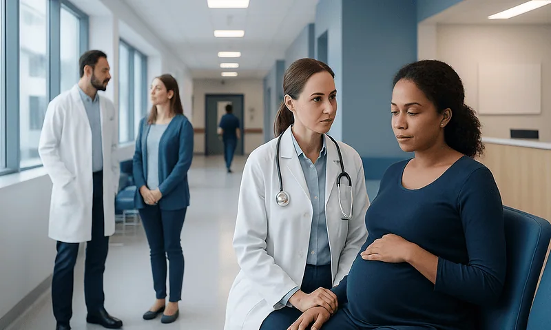 Doctor consulting pregnant woman in hospital corridor.