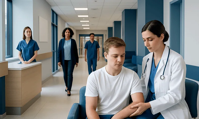 First Degree Burn Treatment: How It Works, Results and What to Expect 5 Medical staff attending to a young patient in a hospital corridor.