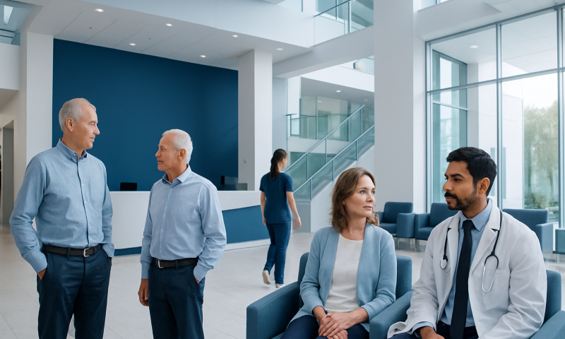 Medical professionals and patients in a modern hospital lobby.