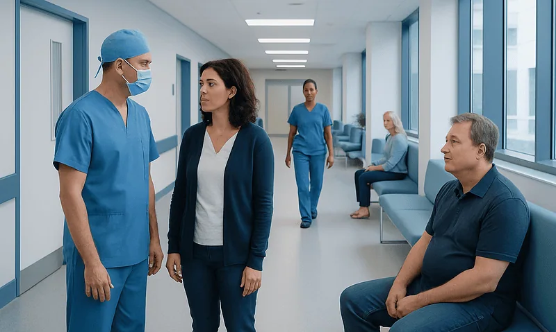 Hospital staff and patients in a modern medical corridor at Acibadem Hospitals Group.