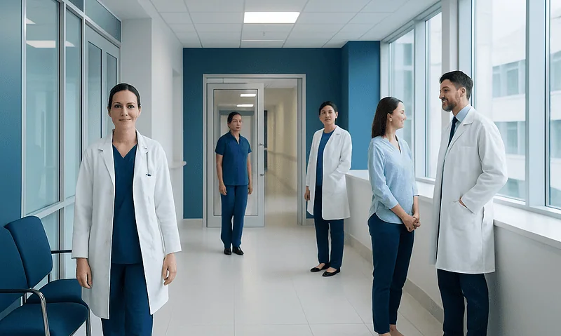 Healthcare professionals in a hospital corridor at Acibadem Hospitals Group.