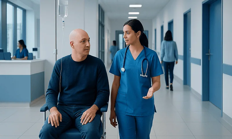 Patient and nurse discussing treatment in hospital corridor.
