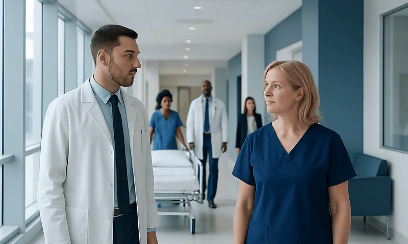 Medical team discussing patient care in hospital corridor.