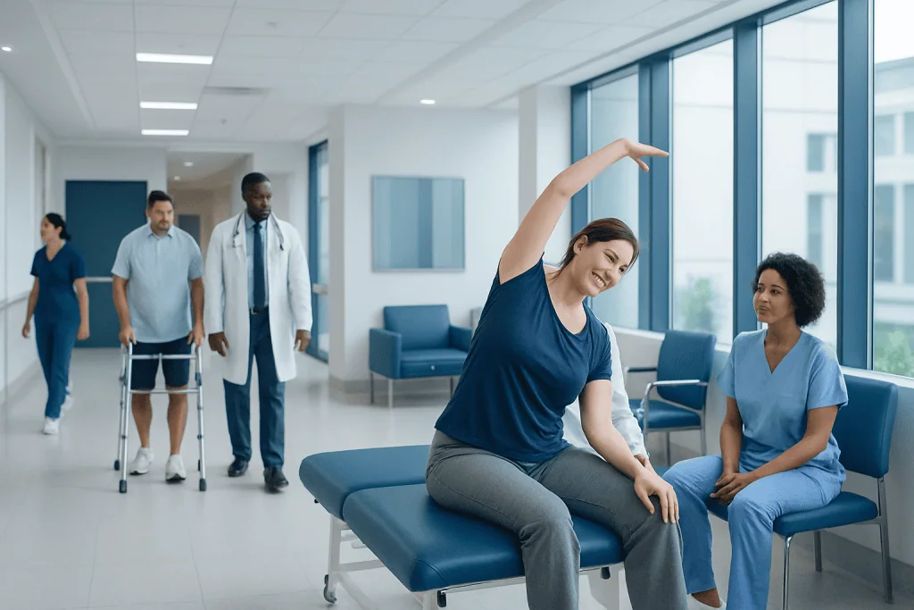Flexibility Treatment: How It Works, Results and What to Expect 1 Patient performing physical therapy exercise in hospital corridor.