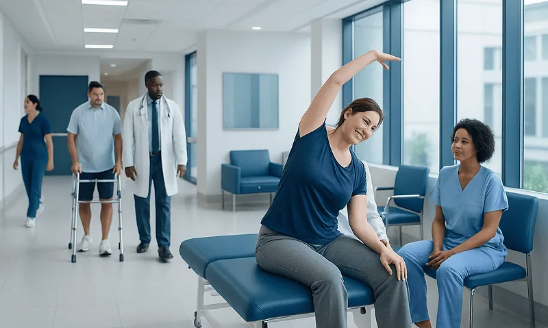 Flexibility Treatment: How It Works, Results and What to Expect 5 Patient performing physical therapy exercise in hospital corridor.