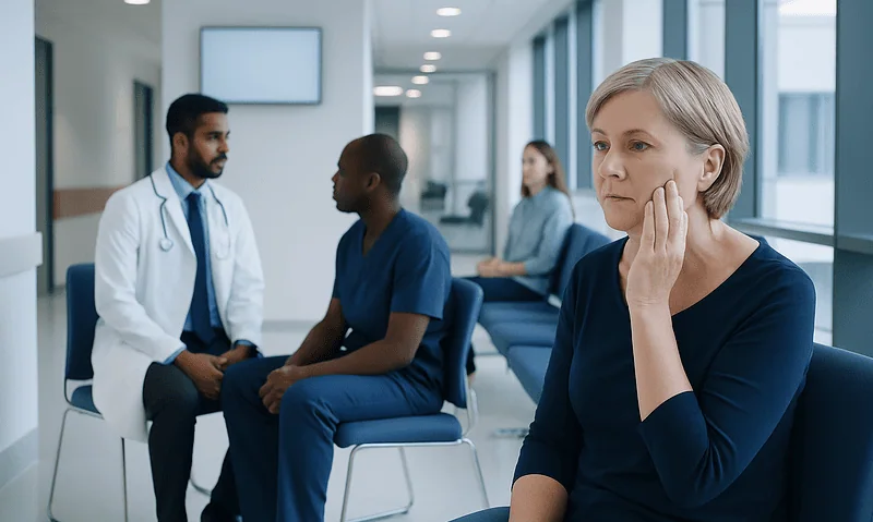 Patient waiting in a hospital corridor with medical staff nearby.