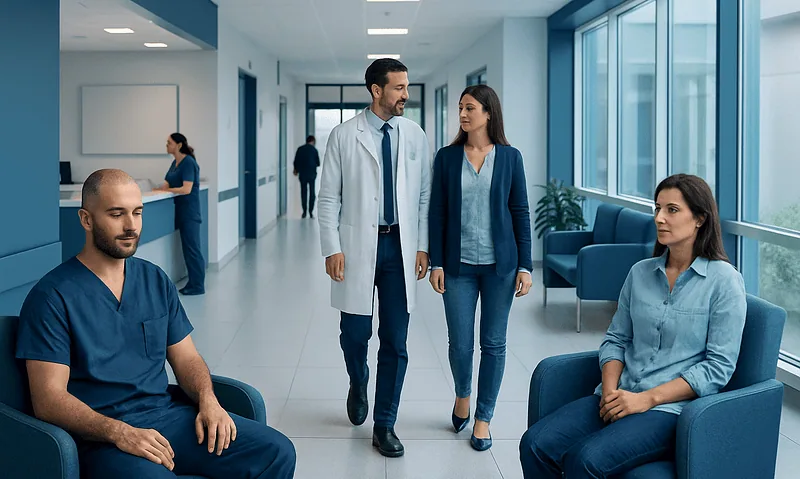 Medical team consulting patients in a modern hospital corridor.