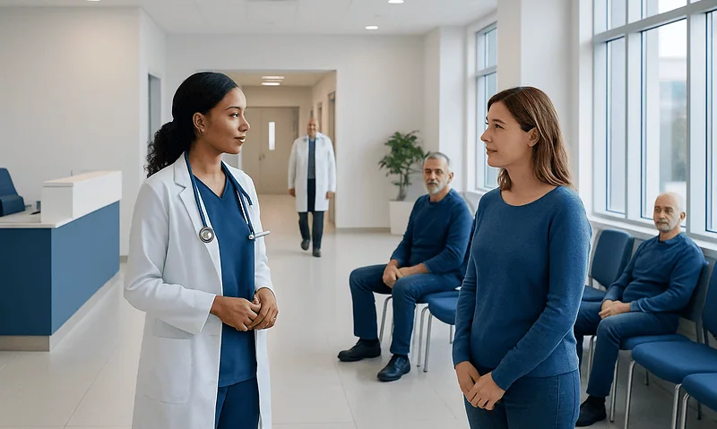 Doctor consulting a patient in a hospital corridor with other patients nearby.