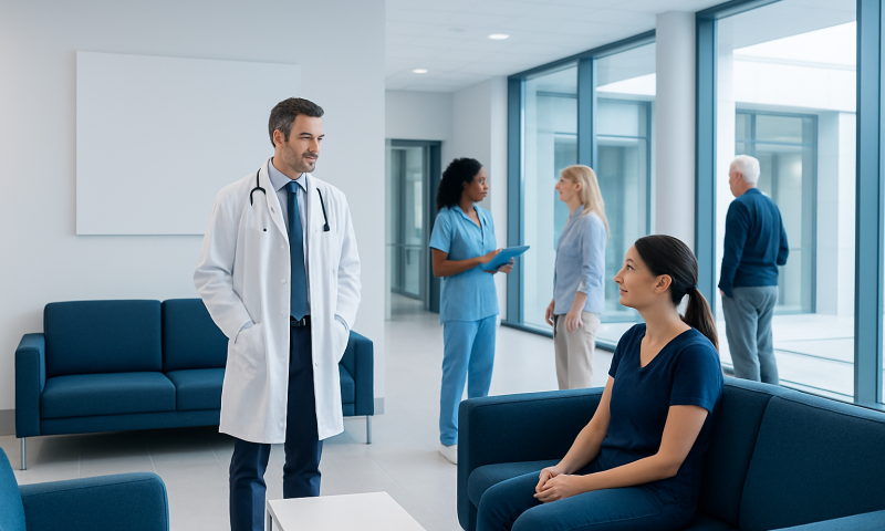 Medical consultation in a modern hospital waiting area with healthcare professionals and patient.