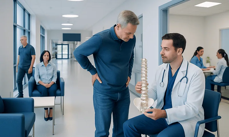 Doctor explaining lumbar spine model to patient in hospital corridor.