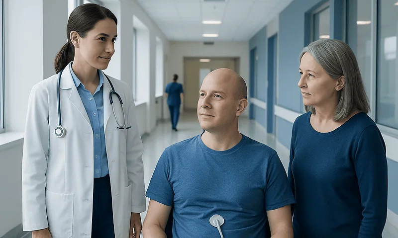 Doctor consulting with patient and his mother in hospital corridor.