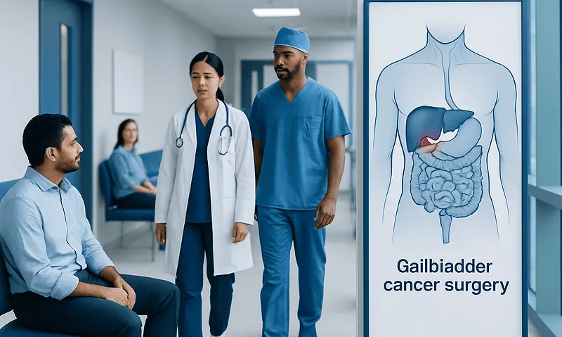 Medical team discussing gallbladder cancer surgery in hospital corridor.