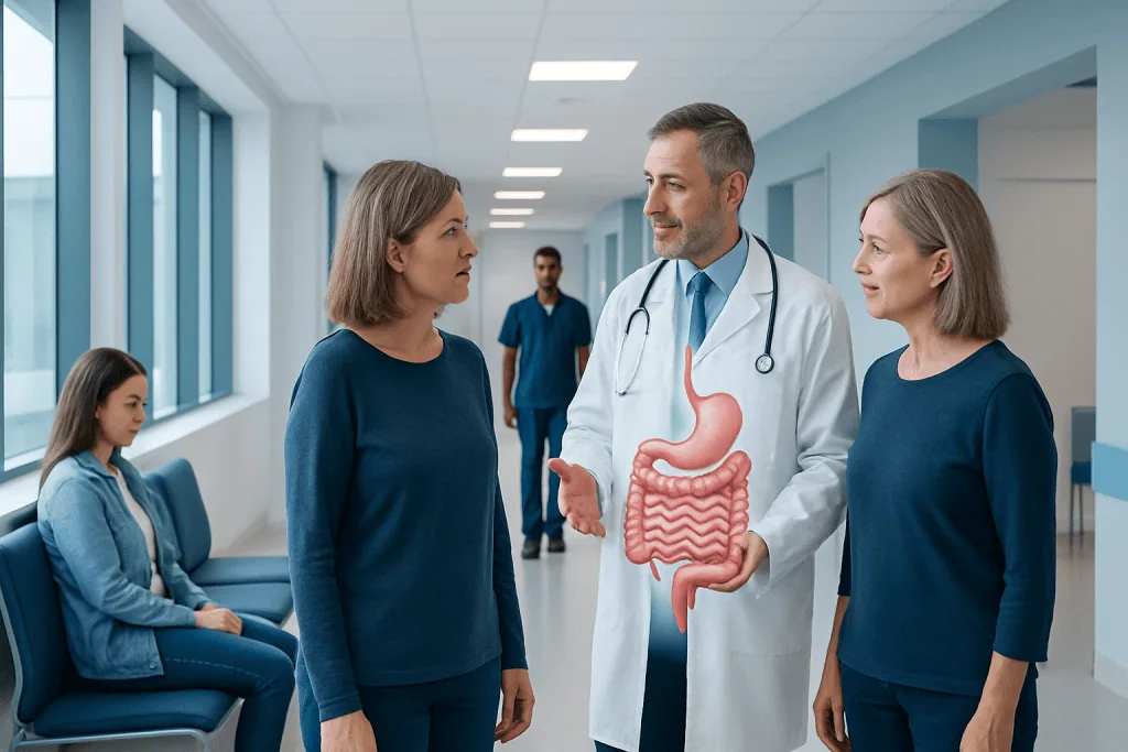 Gastrointestinal Disease Treatment: How It Works, Results and What to Expect 1 Doctor explaining gastrointestinal health to patients in hospital corridor.