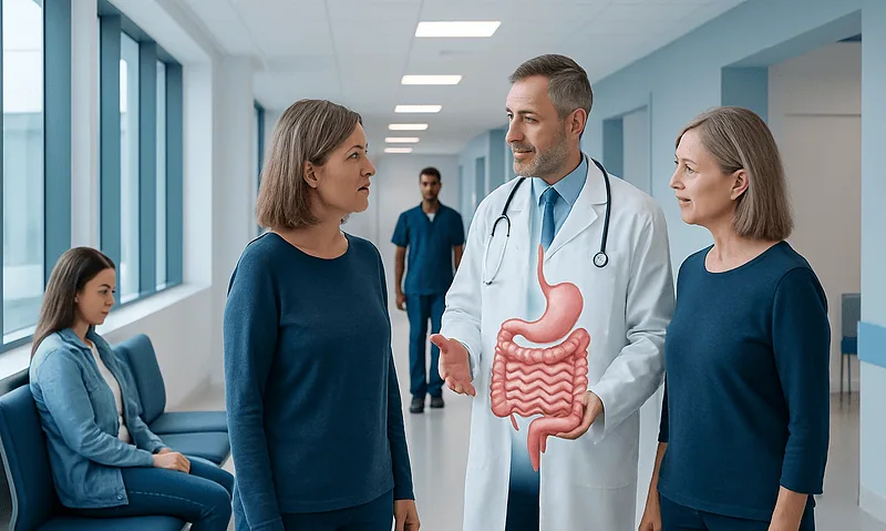 Doctor explaining gastrointestinal health to patients in hospital corridor.