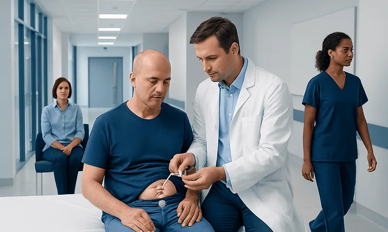 Doctor checks patient's stomach during gastrostomy tube consultation in hospital.