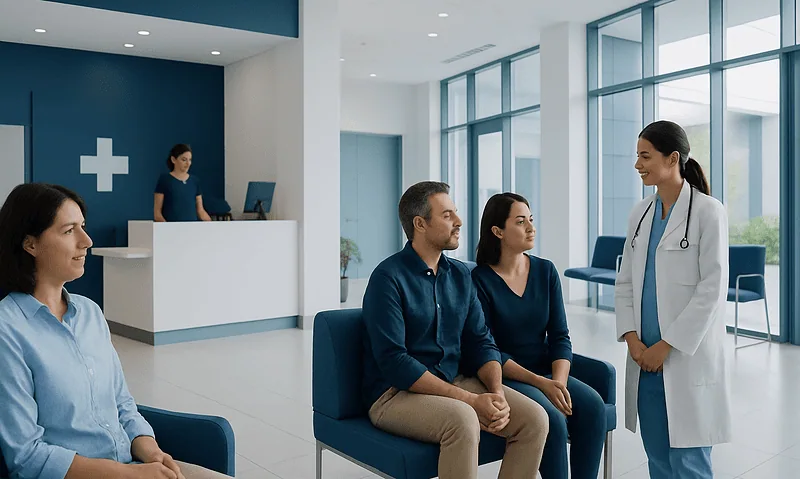 Patients consulting with a doctor in a modern hospital waiting area.