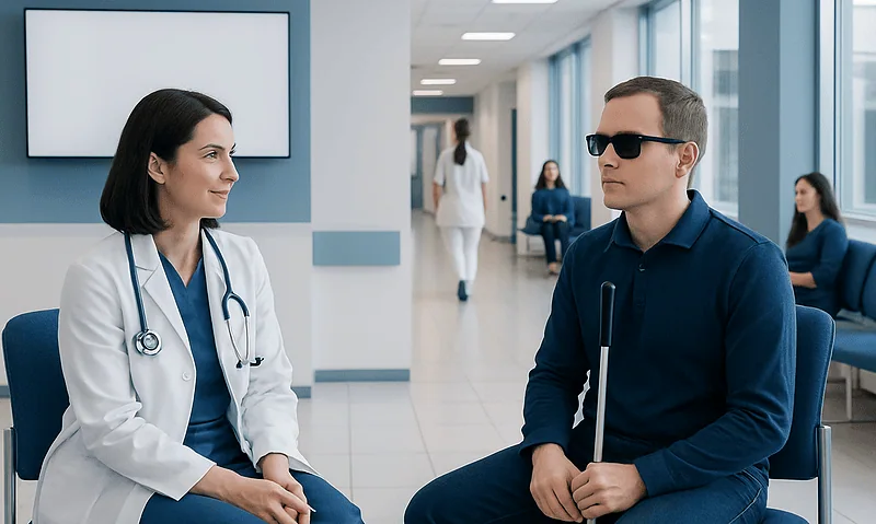 Doctor consulting with a visually impaired patient in a hospital corridor.