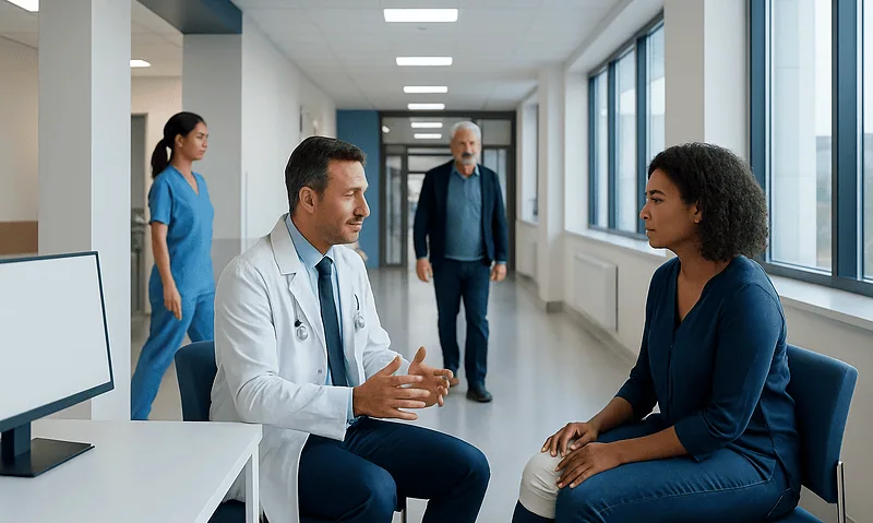 Doctor consulting with a patient in a hospital corridor.