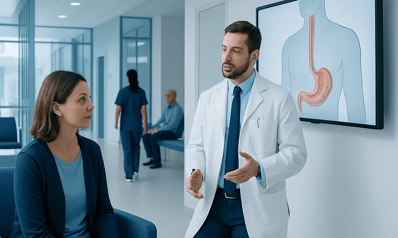 Doctor explaining GERD and esophagitis to a patient in a hospital corridor.