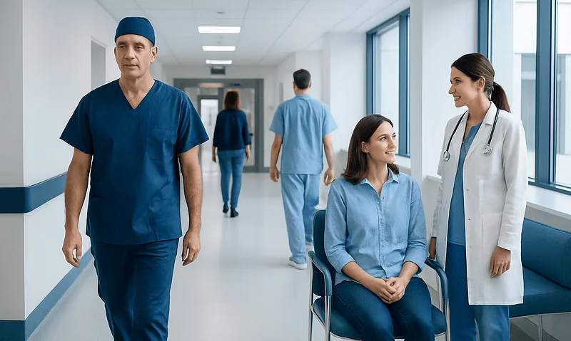 Medical team in hospital corridor with patient and staff members.