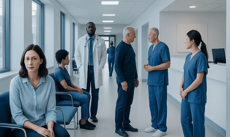 Medical professionals and patients in a hospital corridor.