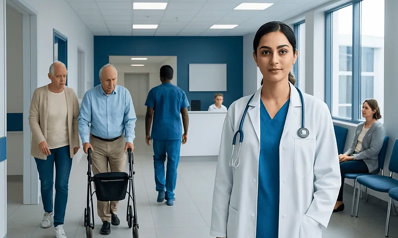 Health Library 14 Healthcare professional in a hospital corridor with patients and staff.
