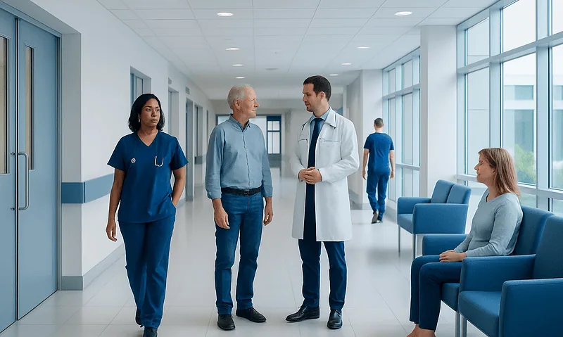 Medical professionals and patient in hospital corridor at Acibadem Hospitals Group.