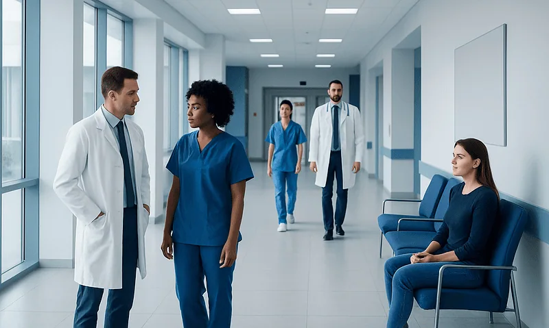 Medical team discussing patient care in hospital corridor.