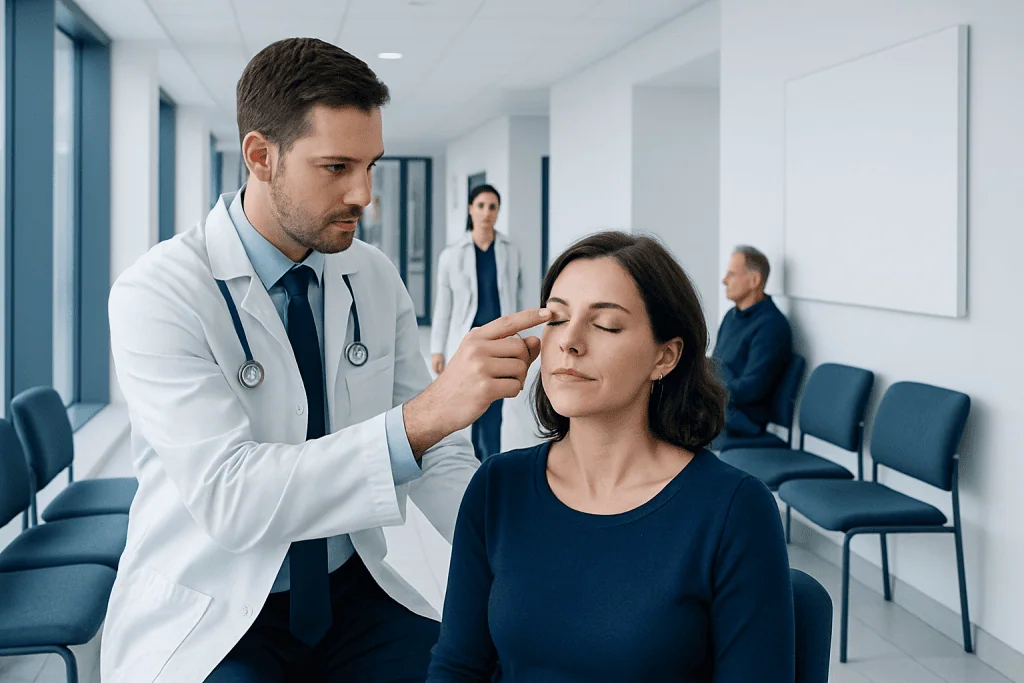 What Is Good Treatment for a Stye: How It Works, Results and What to Expect 1 Doctor examining a woman's eye in a hospital corridor.